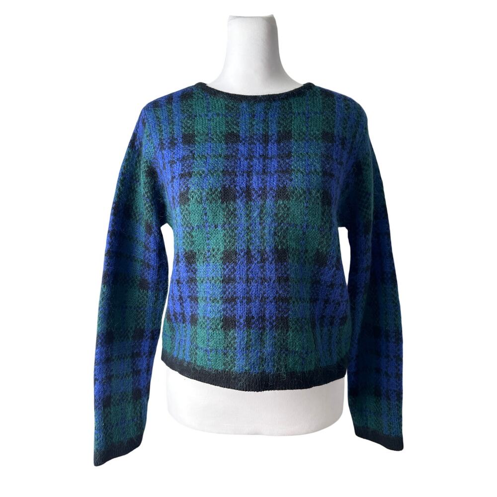Vintage Y2K Gap Green, Blue & Black Plaid Mohair Wool Cropped Pullover Sweater